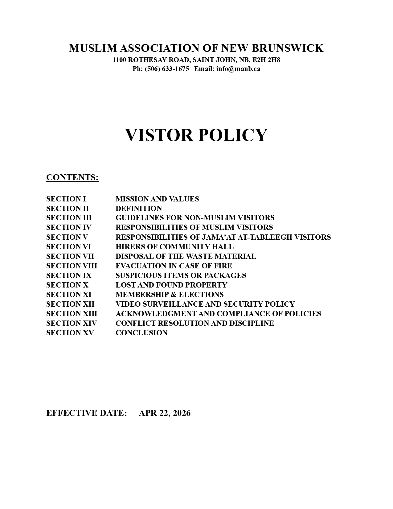 MANB Visitor Policy